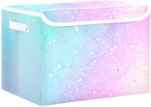Large Collapsible Storage Bins with Lids, Unicorn Background with Rainbow Storage Baskets Organizer Containers with Handles for Clothes