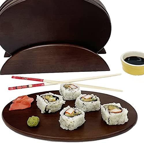 Woodard & Charles 6 Piece Wood Boards with Stand, Perfect for Serving, Sushi, Cheese, Hors D'Oeuvre, Charcuterie, Sandwiches, 7 Piece Set