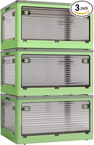 3-Pack Stackable Storage Bins, 83-Liter Collapsible Organizers with 3 Lids, Wheels, Foldable Collapsible Box for Outdoor Camping, Green