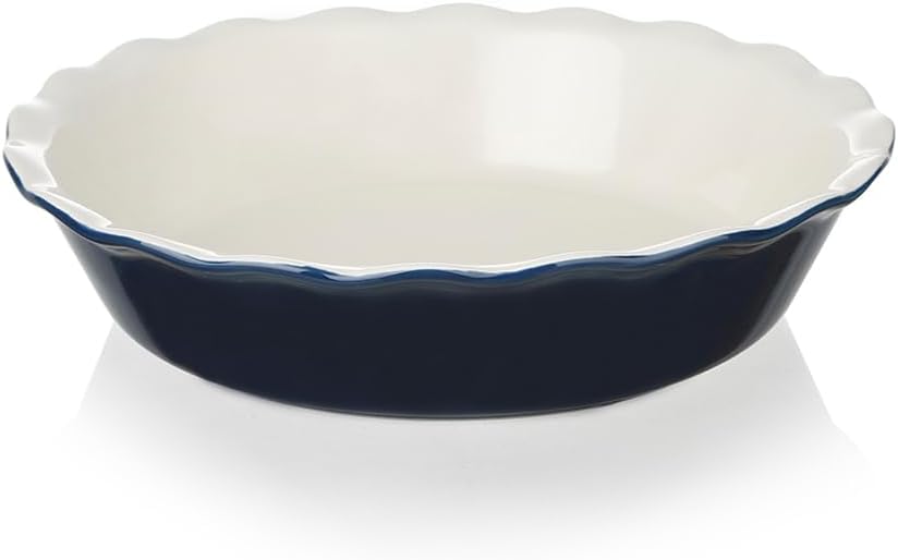 Sweejar Ceramic Pie Pan, 10 Inches Round Baking Dish for Dinner, Non-Stick Plate With Soft Wave Edge for Apple, Pumpkin, Pot Pies (Navy)