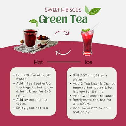 Tealeaf & Co. Sweet Hibiscus Cinnamon Green Tea with Hibiscus, Cinnamon, Stevia & Clove - Green Tea Bags with Fresh Herbs and Spices (Low Caffeine)