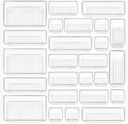 Plastic Drawer Dividers Set – Customizable Storage Bins (25 Pieces), Multi-Purpose Use – Ideal for bathroom, kitchen, office, or vanity drawers.