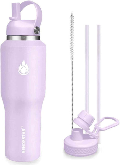 Sendestar 32oz Water Bottle Wide Mouth Stainless Steel Vacuum Insulated Double Wall with 2 Straw Lids Fit in Any Car Cup Holder TXIN-32-GG-1