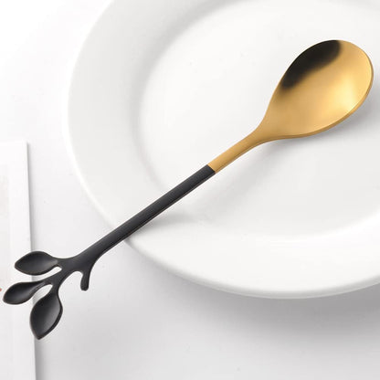 AnSaw Elegant Black & Gold Leaf Espresso Spoons - 10-Piece, 4.7" Mini Stainless Steel Coffee & Dessert Tea Spoons