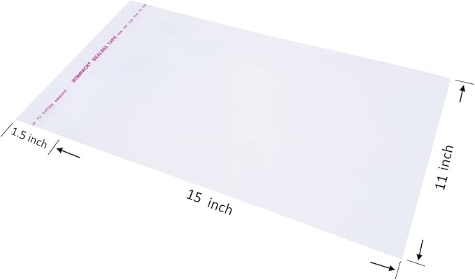 Wowfit 100 Count 11x15 Inch Clear Cellophane Plastic Bags, Resealable Self-Sealing Cello Bags Great for Packaging Clothing, Shirts, Decorative Wrappers, Party Favors, Artwork and More