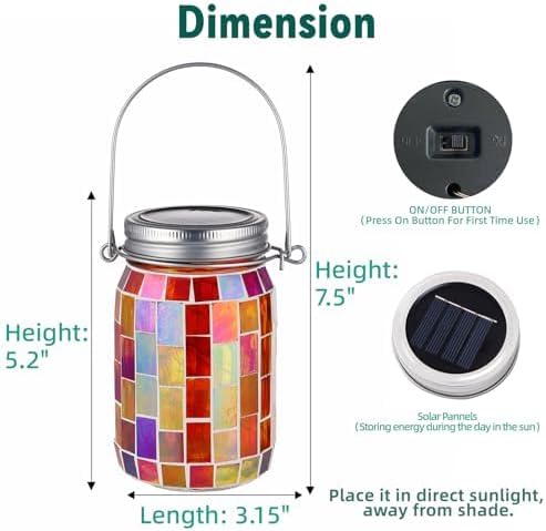 VOREEN Solar Powered Mosaic Mason Jar Lights, Colorful Stained Glass Lanterns for Outdoor Garden Decor, 2 Pack (Orange and Blue)