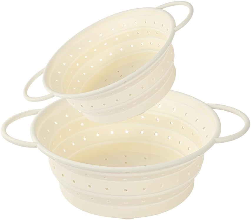 Strainers and Colanders, Silicone Collapsible Sink Collander, 13in, Strainers and Colanders for Kitchen, Large Drainer for Vegetable, Food, Pasta (White) (2)