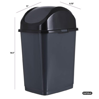 Superio Trash Can for Dorm Room with Lid 4.5 Gallon Plastic Garbage Can with Swing Top Lid, Medium Slim Waste Bin with Cover for Home, Kitchen, Office, Bedroom, Bathroom, College- 18 Qt (Dark Grey 2)