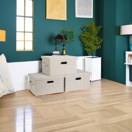 Graciadeco Medium 15" 21 Quart Collapsible Stackable Storage Bins with Lids, 3 Packs Beige Foldable Fabric Closet Boxes Heavy-duty Linen Cube Baskets Container for Bedroom Office (15 x 11 x 8)