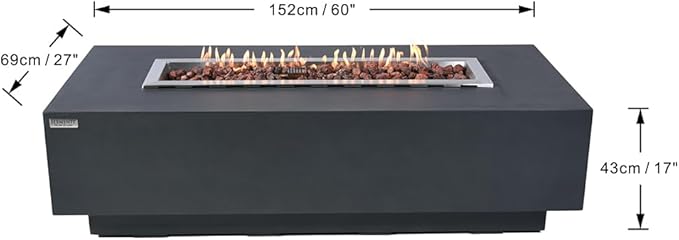 Elementi Granville Dark Grey Fire Pit Bundle Includes 60” Propane Concrete Firepit Table, Glass Windscreen, Stainless Steel Cover, Tank&Canvas Cover, Floor Mat and Beverage Tub