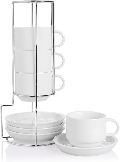 Sweejar Porcelain Cappuccino Cups with Saucers and Metal Stand, 8 Ounce Stackable Espresso Cups for Specialty Coffee Drinks, Latte, Americano, Tea