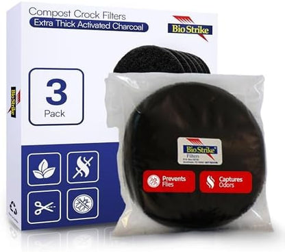 BioStrike Activated Carbon Filter Discs for Kitchen Compost Bin - Odor-Absorbing Charcoal for Compost Bucket - Natural Smell Eliminators (3 Count)