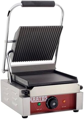 Kratos Commercial Electric Panini Sandwich Grill with Grooved Top and Smooth Bottom Plates, 9" x 9" Cooking Surface, Commercial Countertop Panini Press, 120V, 1750W (29Y-019)