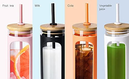 Kodrine 20oz Glass Water Tumbler with Straw and Lid, Bamboo Lids Water Bottle, Iced Coffee Cup Reusable, Wide Mouth Smoothie Cups with Protective Silicone Sleeve BPA FREE-Pink