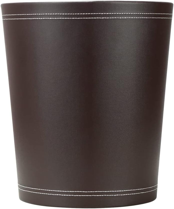 KINGFOM Classic Pu Leather Trash Can Wastebasket, Garbage Container Can for Bathrooms, Powder Rooms, Kitchens, Home, Office and and High Class Hotel Round Brown