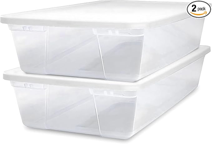 HOMZ 2-Pack Snaplock, Large Clear Plastic Storage Organizer Bins w/Lids, 41 Quart, White - Stackable Container Boxes for Bedroom, Bathroom, Garage, and Office Organization