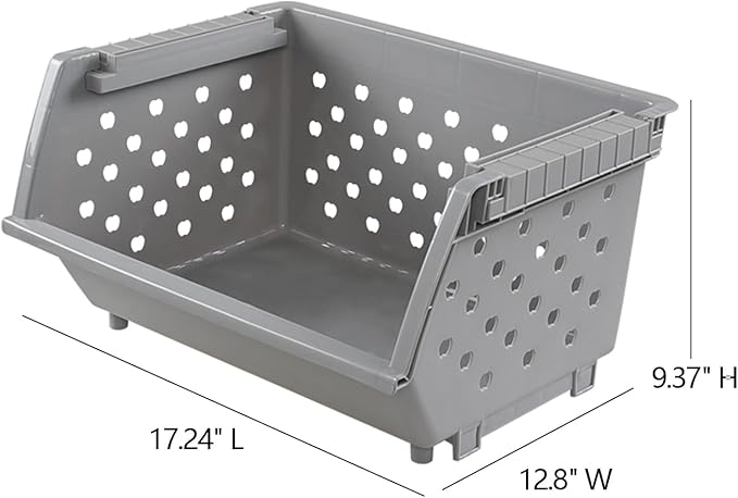 3 Pack Large Open Front Stacking Storage Bins, Plastic Stackable Basket , Gray