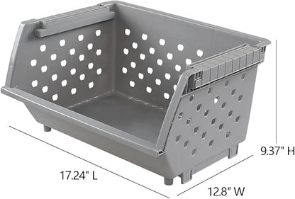 3 Pack Large Open Front Stacking Storage Bins, Plastic Stackable Basket , Gray
