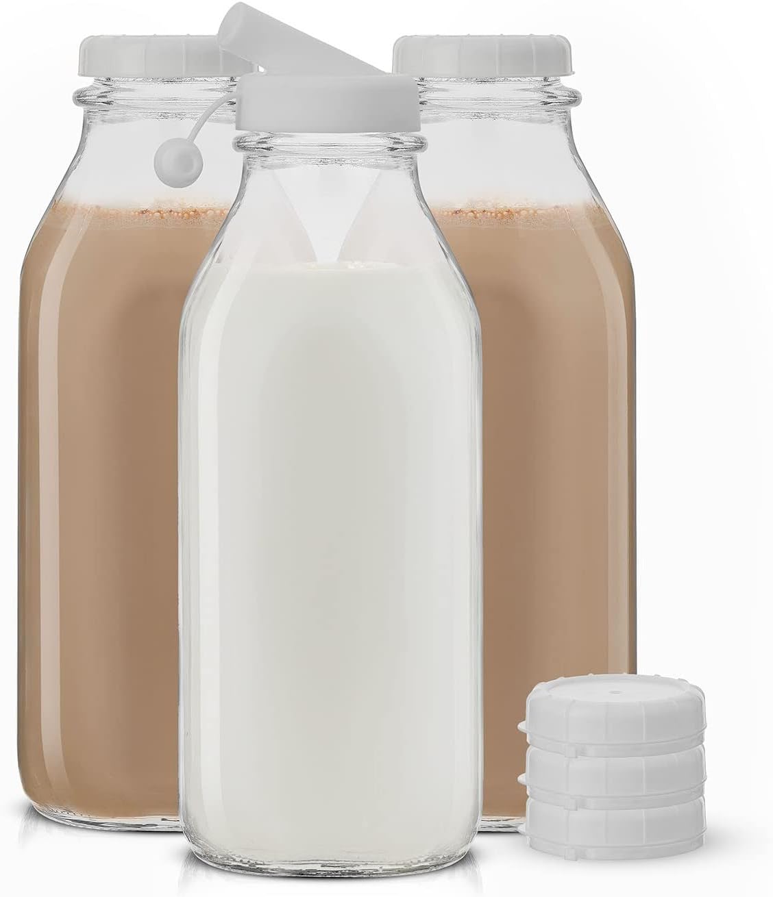 JoyJolt Glass Milk Bottles with Lids and Pourer – 32 Oz, 3 Pack Airtight Heavy Duty Reusable Glass Bottles, Leakproof, BPA-Free, Food Grade