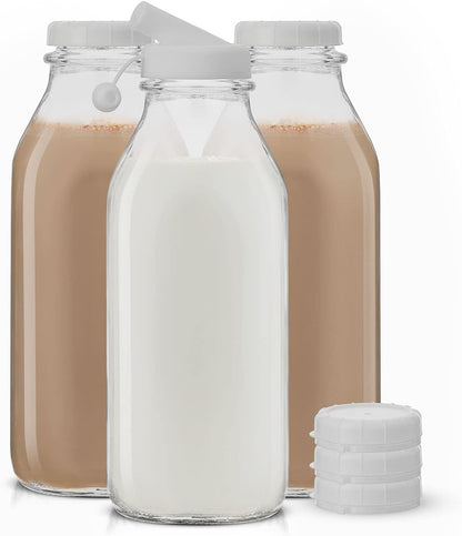 JoyJolt Glass Milk Bottles with Lids and Pourer – 32 Oz, 3 Pack Airtight Heavy Duty Reusable Glass Bottles, Leakproof, BPA-Free, Food Grade