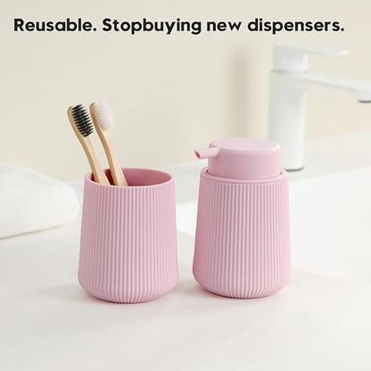 YAUKPH Striped Liquid Hand Soap Dispenser with Leak-Proof Pump for Bathroom and Kitchen Countertop 11 oz Pink