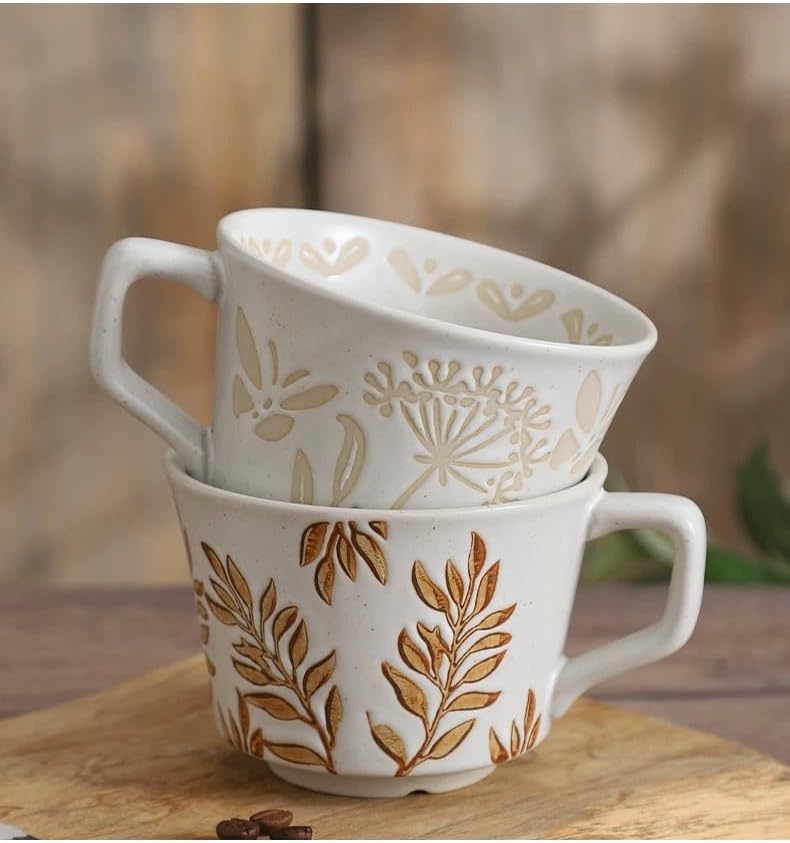 Ceramic Mug Set of 1 With Gold Spoon, 11oz - Vintage Coffee Mug, Pottery Cups for Milk, Latte, Cappuccino, Tea - Porcelain Dishwasher