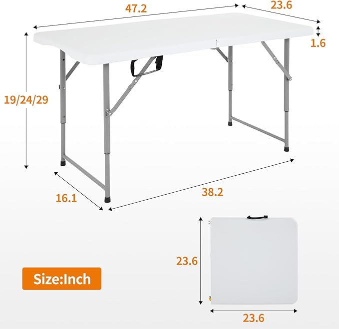 BestOffice Camping Folding 4 Foot Plastic Table, White