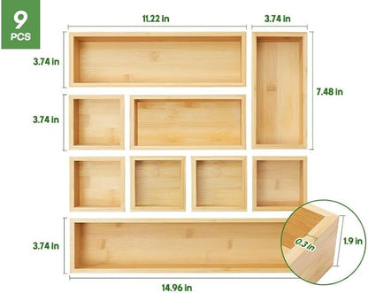 Bamboo Drawer Organizer Set, 9 PCS Multi-Use Individual Wood Storage Organizers, Junk Drawer Divider and Storage Trays Containers for Kitchen, Bathroom, Office Desk, Makeup, Jewelry, Utensils