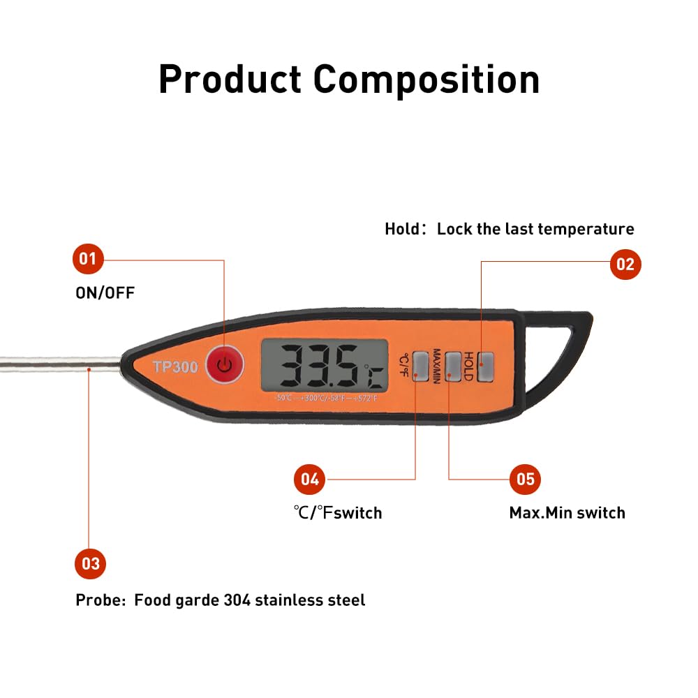 Wisebee Digital Meat Thermometer, Instant Read, ℃/℉ Switch, Long Stainless Steel Probe, Battery Powered, Food Thermometer for Cooking, Baking, Steak