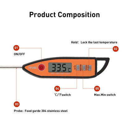 Wisebee Digital Meat Thermometer, Instant Read, ℃/℉ Switch, Long Stainless Steel Probe, Battery Powered, Food Thermometer for Cooking, Baking, Steak