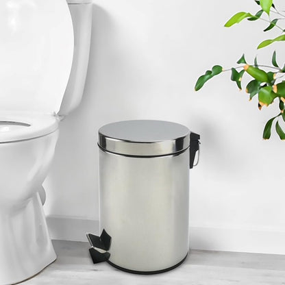 Stainless Steel Small Trash Can with Lid & Step Pedal - 5 Liters/1.3 Gallon Soft Close Waste Basket with Removeable Inner Bucket - Garbage Can for Bathroom, Bedroom, Kitchen & Office (Chrome)