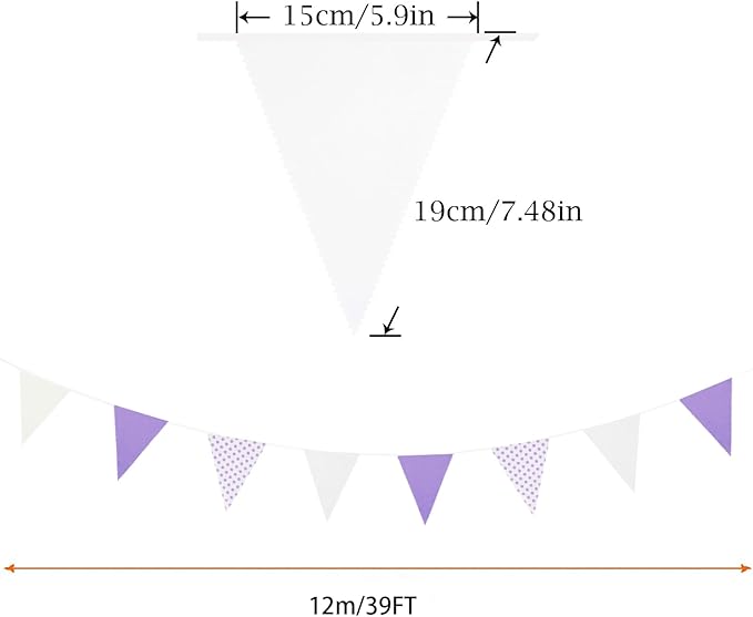 Zwiebeco 39Ft Purple White Dot Fabric Bunting Banner Triangle Flags Hanging Cotton Garland Pennant for Wedding Birthday Tea Party Nursery Home Outdoor Garden Decorations