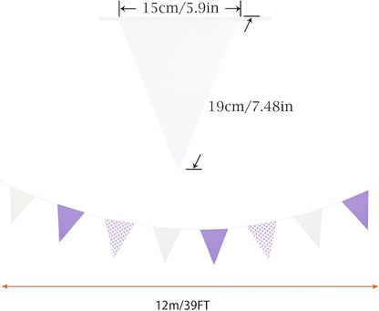 Zwiebeco 39Ft Purple White Dot Fabric Bunting Banner Triangle Flags Hanging Cotton Garland Pennant for Wedding Birthday Tea Party Nursery Home Outdoor Garden Decorations