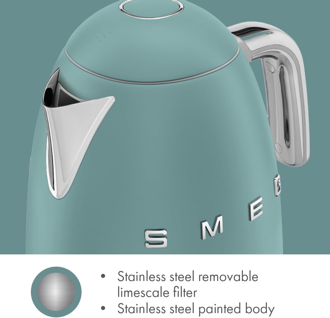 SMEG KLF03 Electric Kettle 1.7L (7 Cup), Retro Hot Water Boiler for Tea &amp; Coffee, Fast Boiling, Auto Shut-Off, Soft Open Lid, 360° Swivel Base Countertop Kettle – Matte Jade