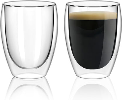 Glass Coffee Mugs Set of 2, Double Walled Clear Coffee Cups 12oz, Clear Latte Espresso Mugs for Milk Juice