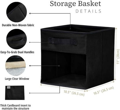 DECOMOMO Storage Bins, Cube Storage Bin with Window, Fabric Storage Cubes for Shelves (11" / 6pcs, Black)