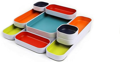 Three by Three Seattle 10 Piece Shallow Metal Organizer Tray Set for Storing Makeup, Stationery, Utensils, and More in Office Desk, Kitchen and Bathroom Drawers (1 Inch, Assorted Colors)