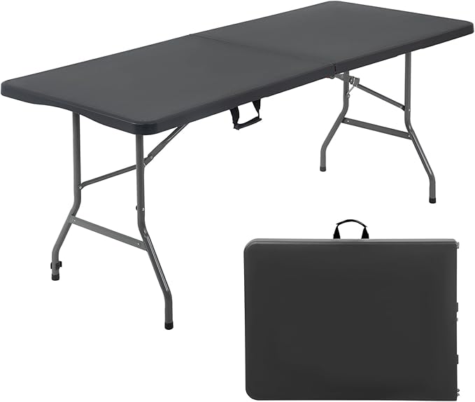 FDW 6 Foot Outdoor Dining Table, Foldable Portable Rectangular Plastic Folding Table with Built in Carrying Handle for Party and Wedding Use, Black