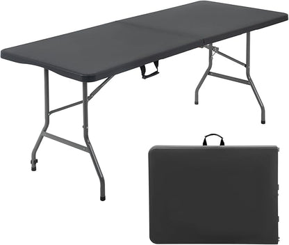 FDW 6 Foot Outdoor Dining Table, Foldable Portable Rectangular Plastic Folding Table with Built in Carrying Handle for Party and Wedding Use, Black