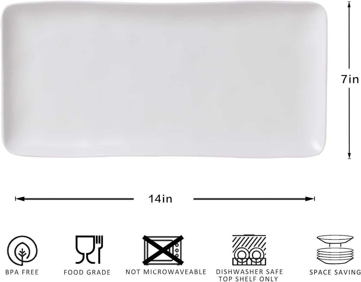 White Melamine Rectangular Serving Platter/Trays, Set of 4, 14” X 7” Fruit Cake Bread Sushi Plate for Party Serving Food, Lightweight and Unbreakable