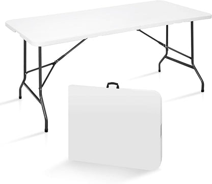 SUPER DEAL 6FT Folding Table for Indoor Outdoor, Portable Heavy Duty Fold-in-Half Plastic Dining Picnic Party Camping Table with Carrying Handle