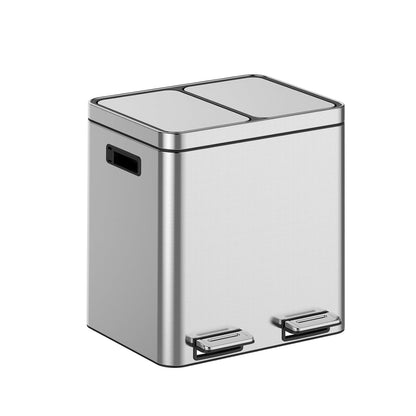 2 x 4 Gal (2 x 15L) Trash Can, Stainless Steel Triple Compartment Step-On Recycling Bin with Soft-Close Lids & Removable Plastic Inner Buckets for Kitchen, Home, Office