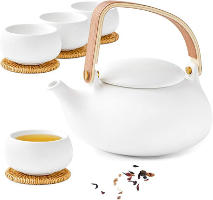 Zens Modern Japanese Tea Set, 27 oz Ceramic Japanese Teapot with Fine Stainers and 4 Cups for Loose Leaf Tea Steeper