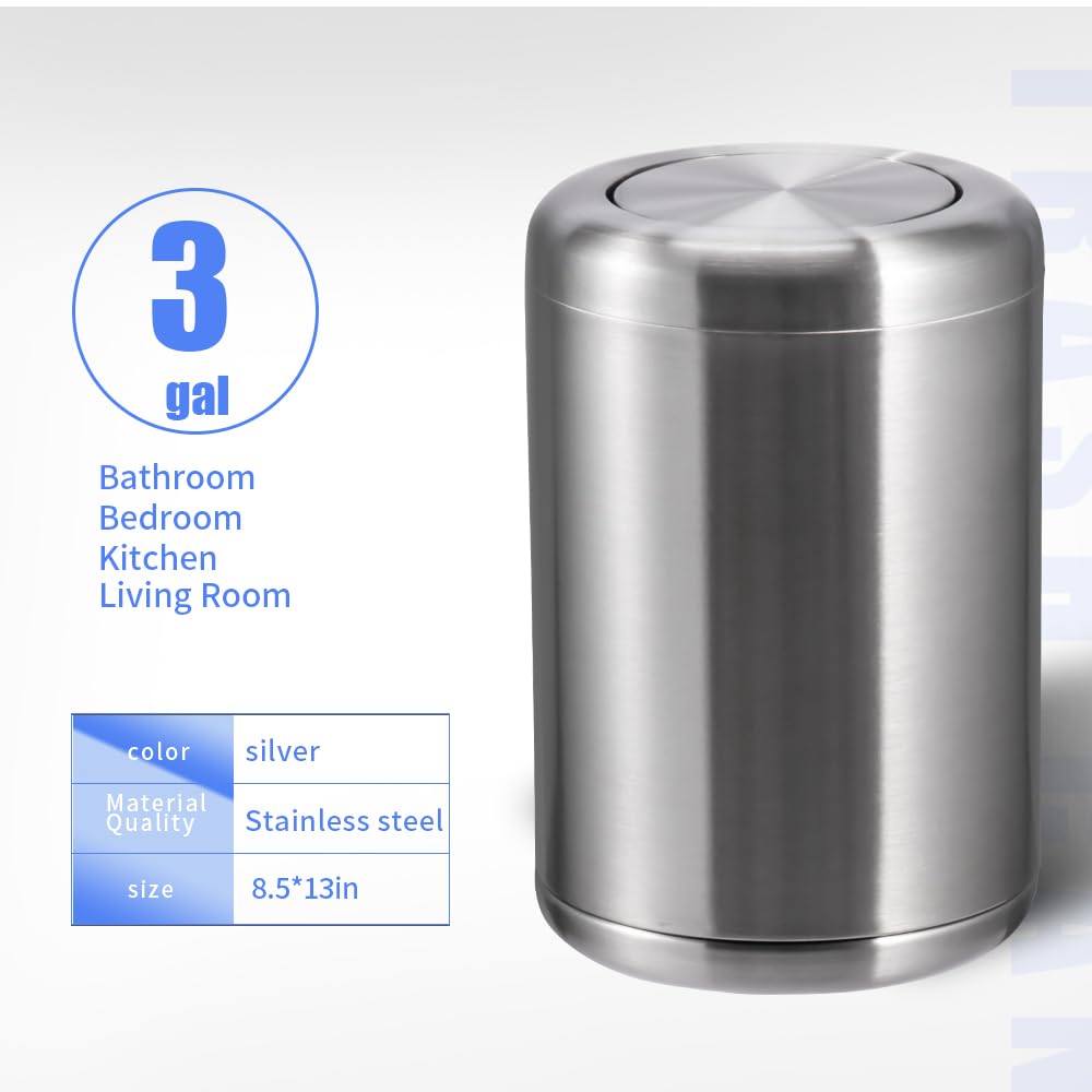 Waste Can 3 Gallon with Swing Lid，Brushed Stainless Steel Trash Can，Metal Cylindrical Garbage Can，Brass Wastebasket Bin for Bathroom,LivingRoom,Office,Kitchen,Bedroom,Hotel (Sliver)