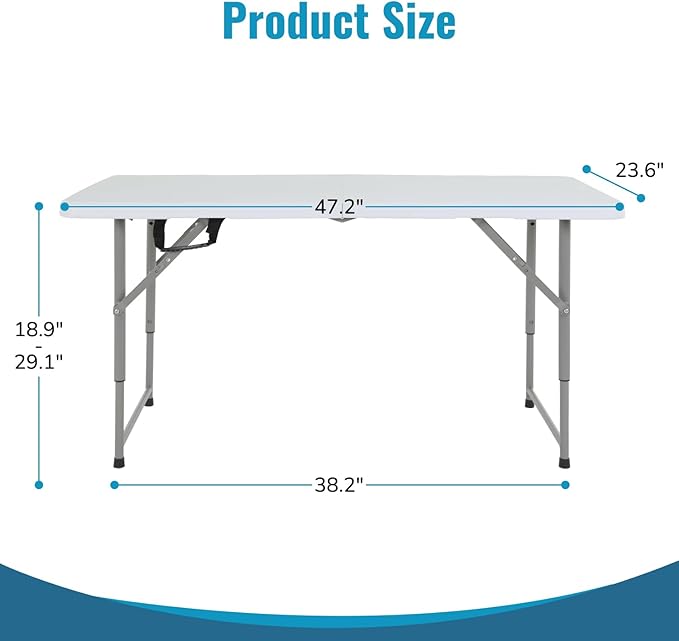 PayLessHere | 4FT Folding Table | Portable Plastic Table with Carry Handle | Waterproof & Foldable Table Design | Steel Frame with Lock | White | for Events, Camping, Indoor & Outdoor Use