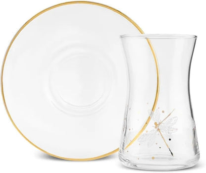 KARACA Yusufcuk Glass Elegant Tea Glass Set of 6 - (12 Piece) Clear Turkish Tea Cup Glasses and Saucers, 5.74 oz Curved Design Drinkware Cups