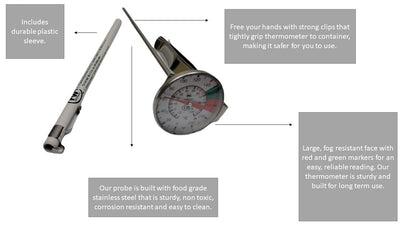 Rattleware Thermometer, Genuine Milk Frothing Thermometer and Barista Thermometer, Fast Readout and Clear Temperature Targets / 7" Probe, 1" Dial