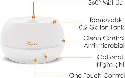 Crane Portable Ultrasonic Travel Humidifier & Aroma Diffuser – 0.2 Gallon Cool Mist, No Filter Required, Optional Essential Oil Tray, Whisper-Quiet for Babies, Travel, & Small Rooms (White)