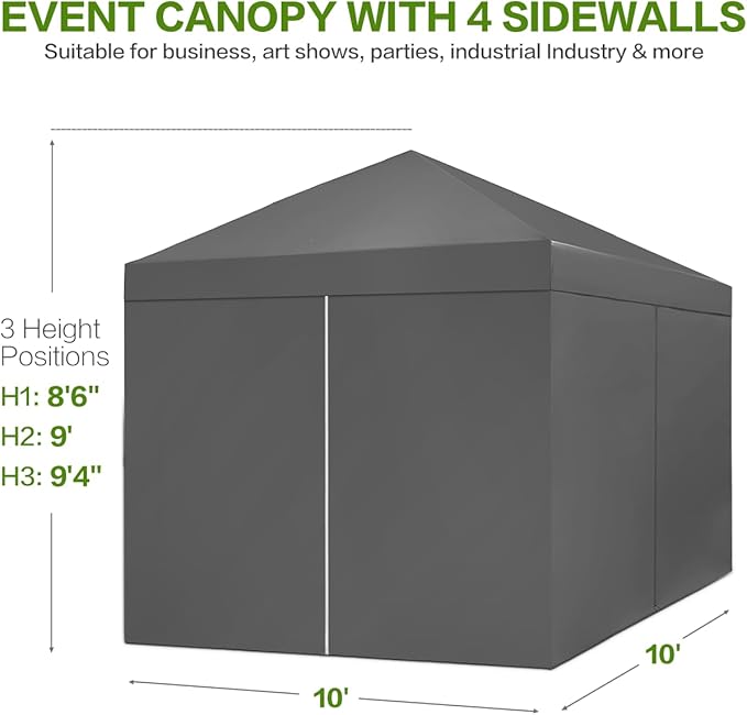 Tunbne 10X10 Comercial Pop Up Canopy Tent with 4 Sidewalls and 6 Pockets, One Push Setup Center Lock, for Beach Patio Outdoor, Case, 8 Stakes, 4 Ropes, 4 Sandbags (Charcoal Grey)
