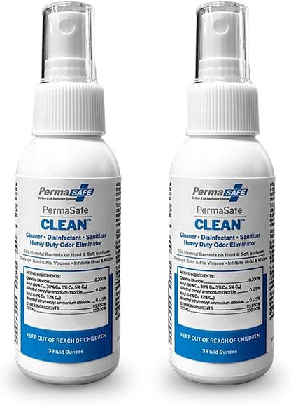 PermaSafe CLEAN, All-Purpose Hospital Disinfectant Cleaner; No Rinse, Hard, Soft & Food Contact Surface Sanitizer; Mold, Mildew and Fungi Killer; Odor Eliminator; Allergen Remover & More-3 Fl Oz-2 Pk